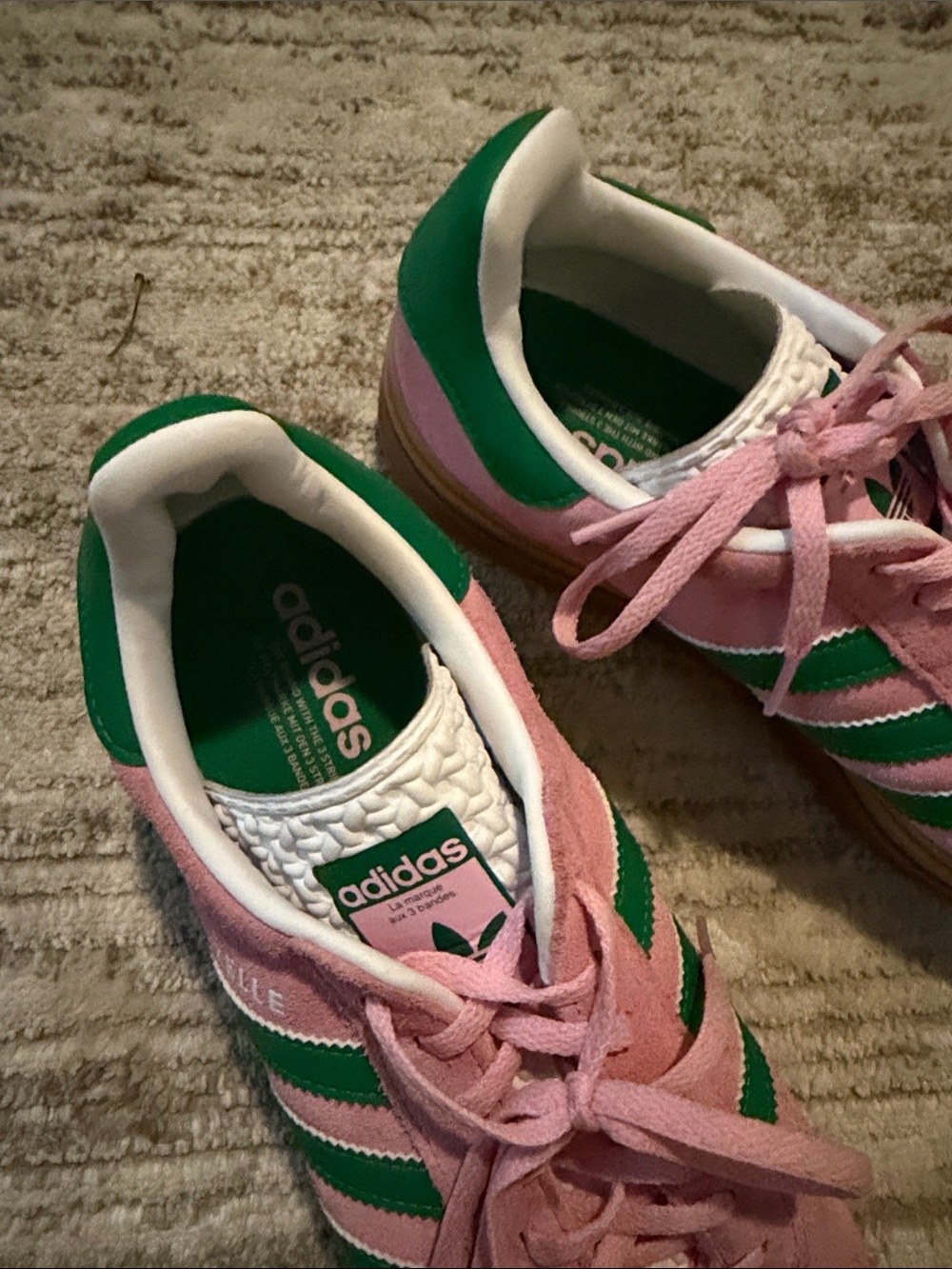 adidas Women's Pink Suede Sneakers with Green Stripes - Picture 2 of 5